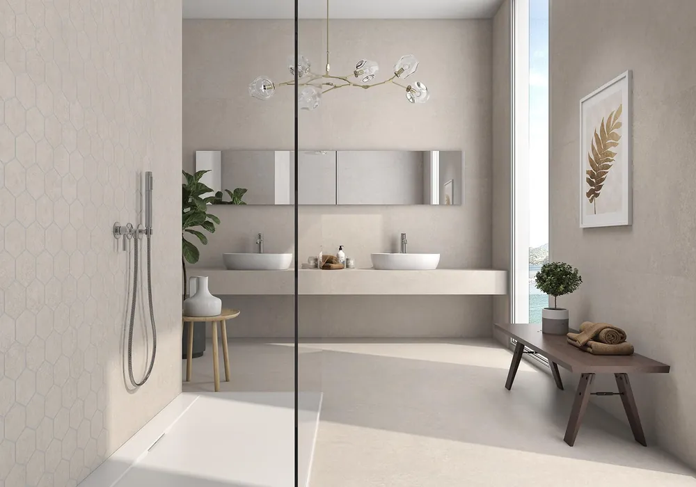 Duschbad in Betonoptik in warmem Beige (Serie Atrium in anderer Farbe oder Oberfläche)