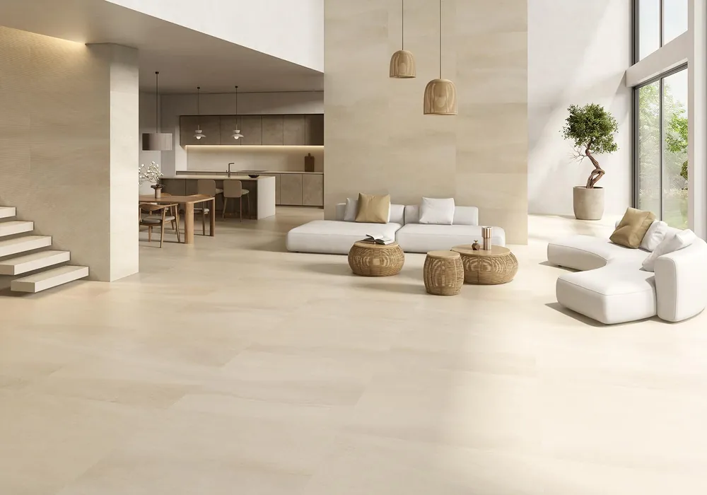 Überdachte Terrasse mit dunklem, warmem Zementlook-Boden