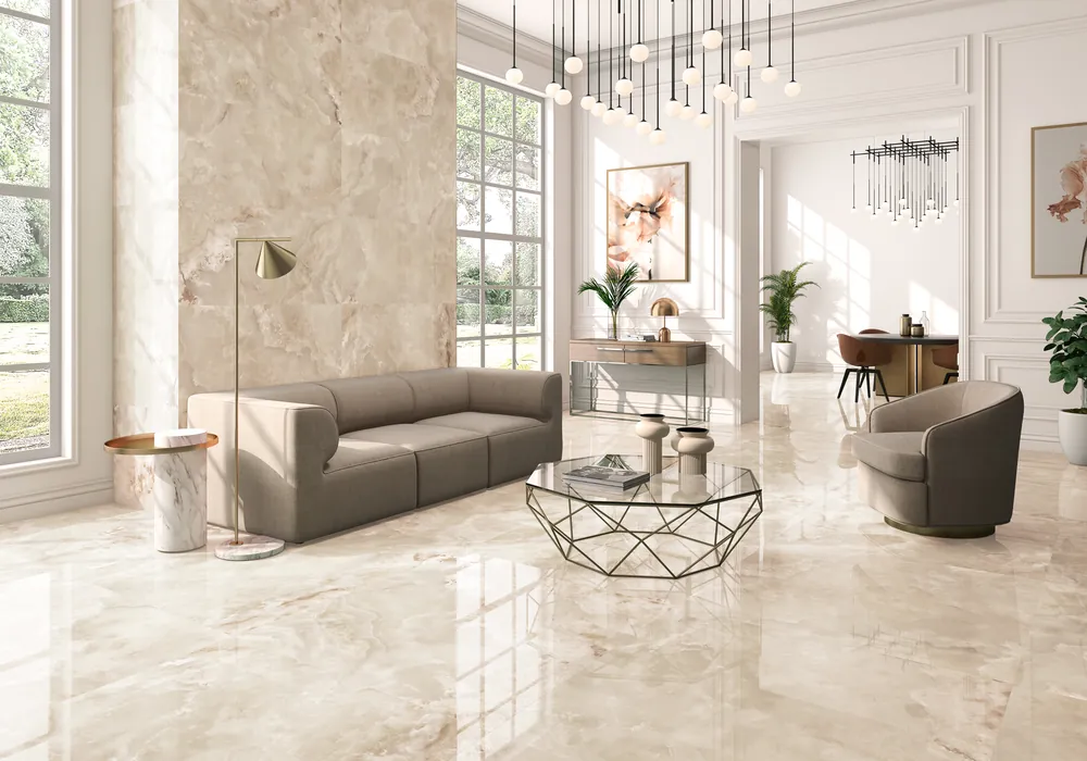 Salon mit polierter Onyx-Optik in Beige (Serie Onix in anderer Farbe oder Oberfläche)